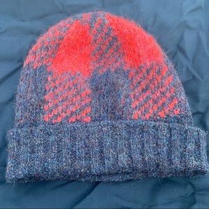 Rag & Bone Mohair Wool blend red gray plaid Beanie winter hat